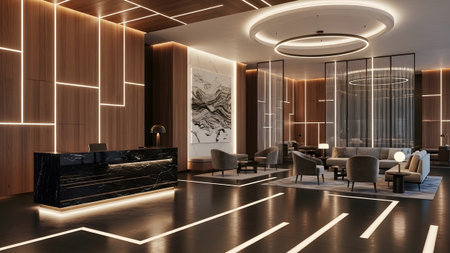 Reception showing sleek modern lobby with marble reception desk and geometric lighting.