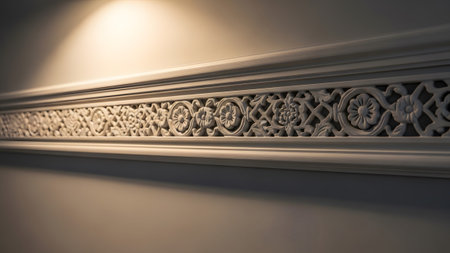 20260225 showing ornate white decorative molding with intricate floral pattern and warm...