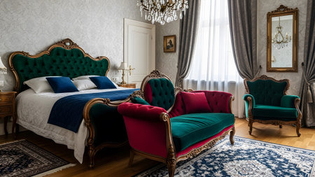 Green showing opulent bedroom with emerald green and magenta velvet furniture, crystal...