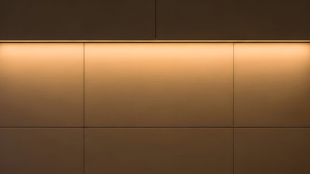 Warm ambient light glows across a smooth wall featuring horizontal paneling and subtle vertical...