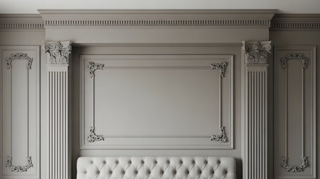 20260225 showing ornate wall paneling with corinthian columns and tufted headboard.の写真素材
