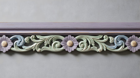 20260225 showing pastel floral decorative border trim with wood grain texture and soft colors....
