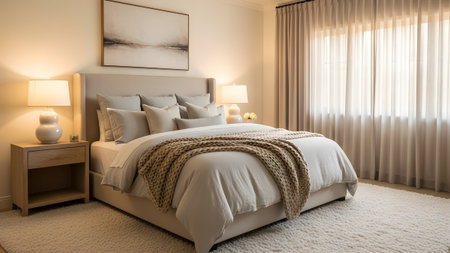 A peaceful bedroom with light beige tones, a soft plush rug, and a cozy knitted throw blanket...