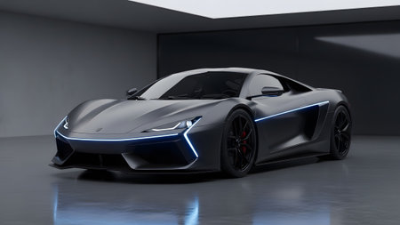 A futuristic matte black supercar with striking blue LED accent lighting is showcased....