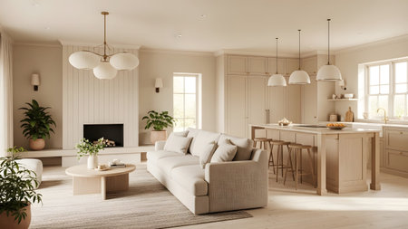 A spacious open-plan living and kitchen area a neutral color palette with beige and cream tones.の写真素材