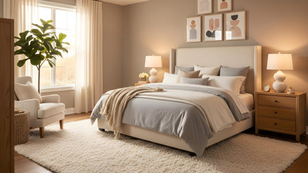 Comfortable showing serene beige and white bedroom with large window and plush rug featuring a...
