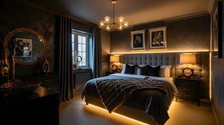 20260225 showing dark bedroom with tufted headboard and warm ambient lighting illuminating the...