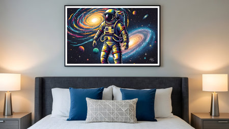Showcasing showing astronaut standing in a vibrant swirling galaxy with colorful planets and...