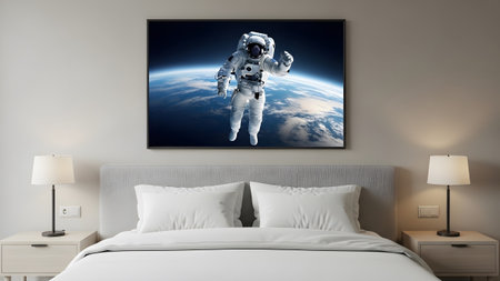 Orbit showing astronaut in a white suit floating in orbit above planet earth with blue...