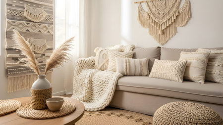 Warm showing bohemian living room with beige sofa, textured pillows, macrame wall hangings, and...