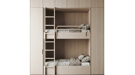 A built-in bunk bed unit made of light wood with a ladder and integrated storage compartments.