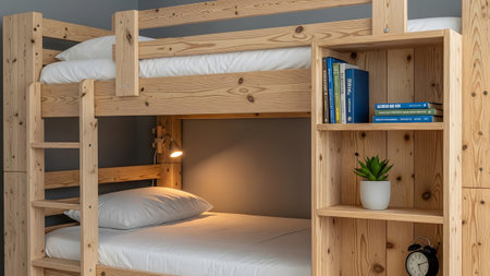 A close-up view of a wooden bunk bed with white bedding and a bookshelf stocked with books.