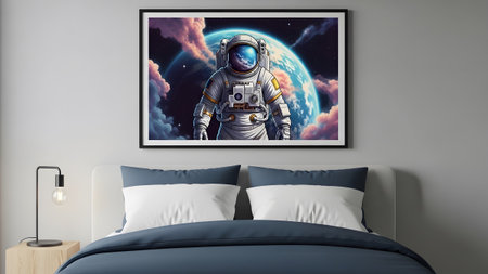 Outer showing astronaut floating in space with earth and colorful nebula clouds behind