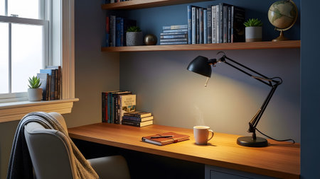 A wooden desk in a home office is lit by a black lamp, with books and a steaming coffee mug by...