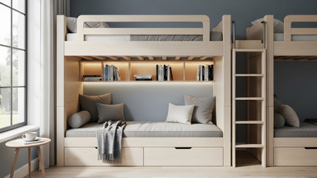 20260226 showing bunk bed with daybed and storage drawers featuring a gray upholstered backrest....の写真素材