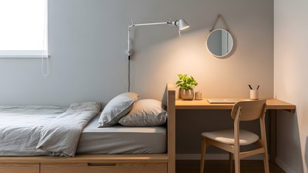 Wall showing compact wooden desk and bed setup with a wall lamp and round mirror in a neutral...