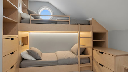 Built-in showing compact wooden bunk bed with built-in storage drawers and shelves under a round...