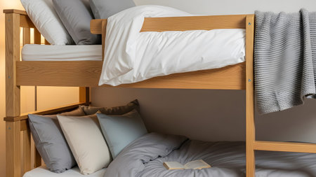 Grey showing close-up of a wooden bunk bed with grey and white bedding and a book.