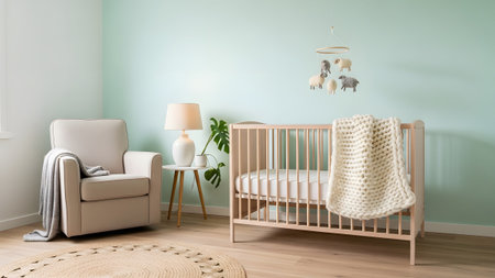A serene nursery room with a light wood crib, a plush armchair, and a mint green wall, creating...