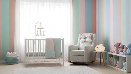A charming nursery featuring pastel striped walls, a rocking chair, a crib, and a collection of...の写真素材