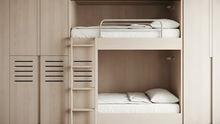 A light wood bunk bed with a ladder and slatted cabinet doors, set within a minimalist interior...