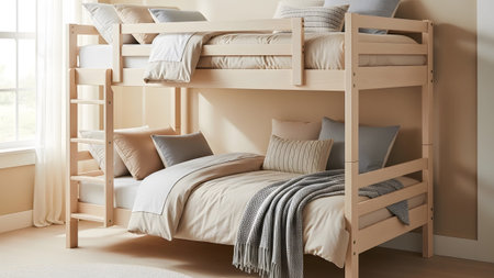 Warm showing light wood bunk beds with beige and grey bedding and decorative pillows in a warm...