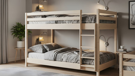 Grey showing light wood bunk beds with grey patterned bedding and wall lamps in a bedroom.