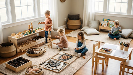 A group of young children are actively engaged in educational play with wooden blocks and natural