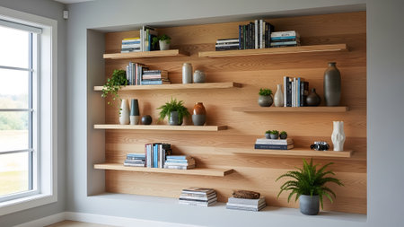 Light wood paneled wall with light wood floating shelves displaying books vases and green plants.