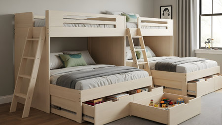 20260226 showing l-shaped wooden bunk bed with two ladders, multiple beds, and storage drawers...