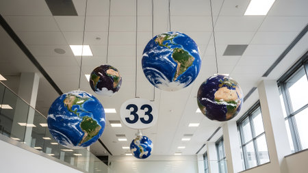 Several hanging globes of Earth and a number 33 sign are displayed in a contemporary office...