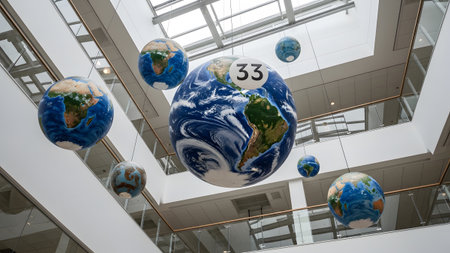 132715 showing large earth globes suspended indoors with a skylight and modern architecture...