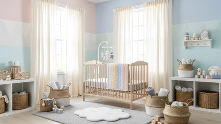 Crib showing serene nursery with crib cloud rug and pastel color block walls. resolution...の写真素材