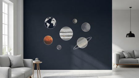 Dark showing living room with dark blue wall and scattered planet wall decals. resolution...