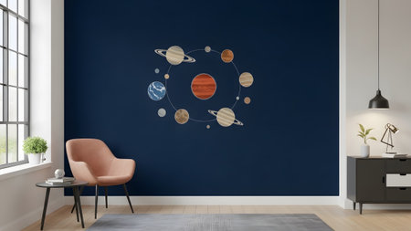 Dark showing modern room with dark blue wall and circular planet arrangement mural.