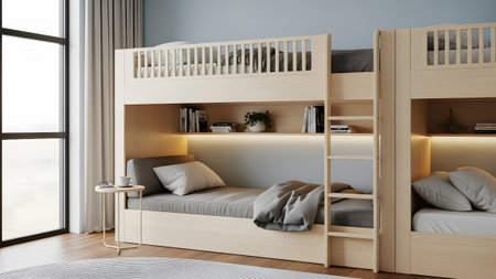 Warm showing light wood bunk bed with integrated seating and shelving illuminated by warm light....