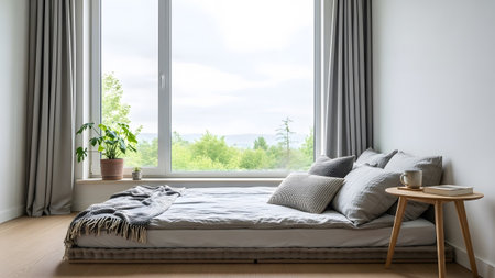 A low bed with grey linens sits before a large window with grey curtains, overlooking a green...の写真素材