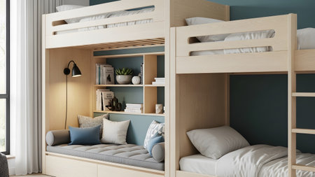 20260226 showing modern bunk bed with integrated daybed and shelving in a light wood finish with...