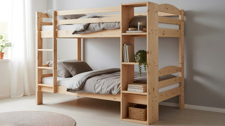 Light wood bunk bed with grey linens and a tall shelving unit featuring books and decor.