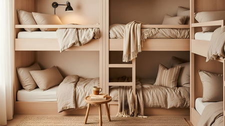 Several wooden bunk beds are arranged with neutral beige bedding and cozy throws in a softly lit...