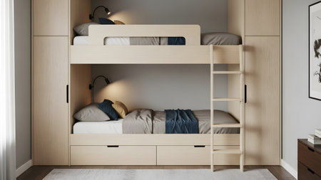A contemporary light wood bunk bed with integrated storage drawers and bedside lamps in a...