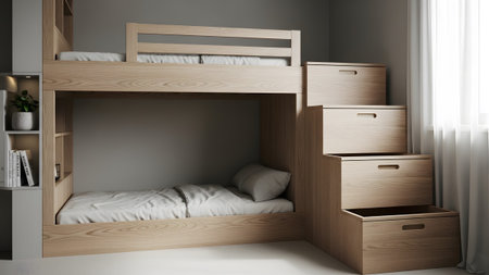 Light wood bunk bed with integrated storage stairs and shelves in a neutral modern bedroom.