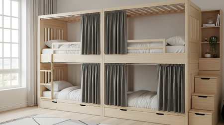 Grey showing modern wooden bunk beds with grey curtains and storage drawers. resolution...