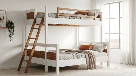 A white bunk bed with natural wood accents and terracotta pillows sits in a bright, modern room.