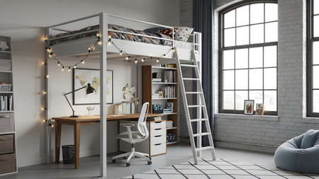 20260226 showing white loft bed with desk and fairy lights in a room with brick wall and bean...