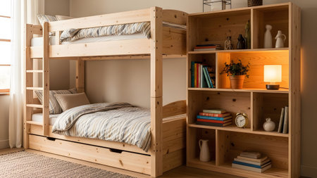 A wooden bunk bed with a trundle and bookshelf is filled with books, plants, and decorative