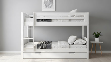 Grey showing white wooden bunk bed with pull out drawer and grey blanket on the lower bunk.