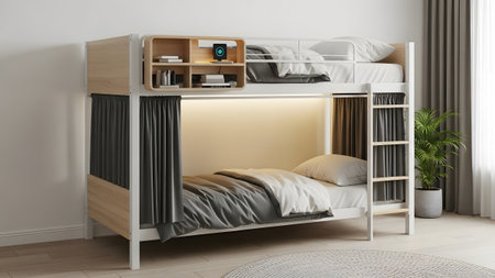 20260226 showing white bunk bed with wood accents and integrated lighting and storage shelves....
