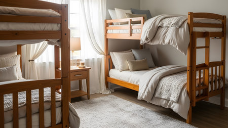 Warm showing warm wood bunk beds with creamy bedding and textured throws in a bright bedroom...
