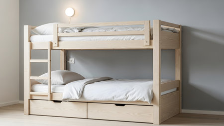 235441 showing light wood bunk bed with white bedding and storage drawers in a modern room.